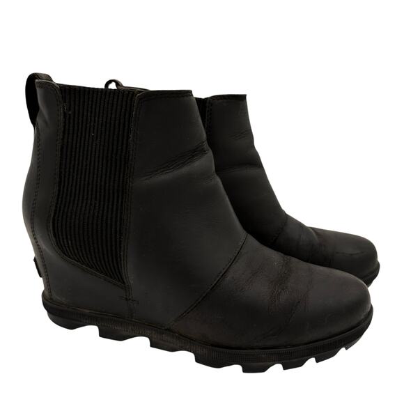 Sorel Women's Joan of Arctic Black Wedge II Leather Chelsea Heels Boots Size 10 - Picture 1 of 9